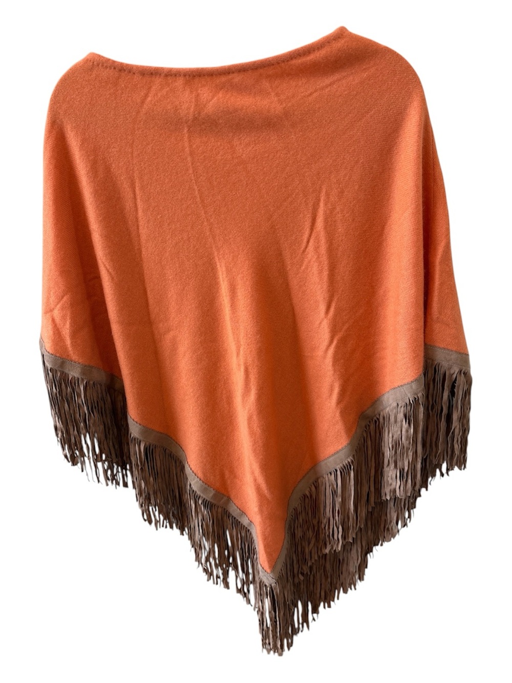 Story 1961 Orange Cashmere Fringe Poncho with Brown Trim